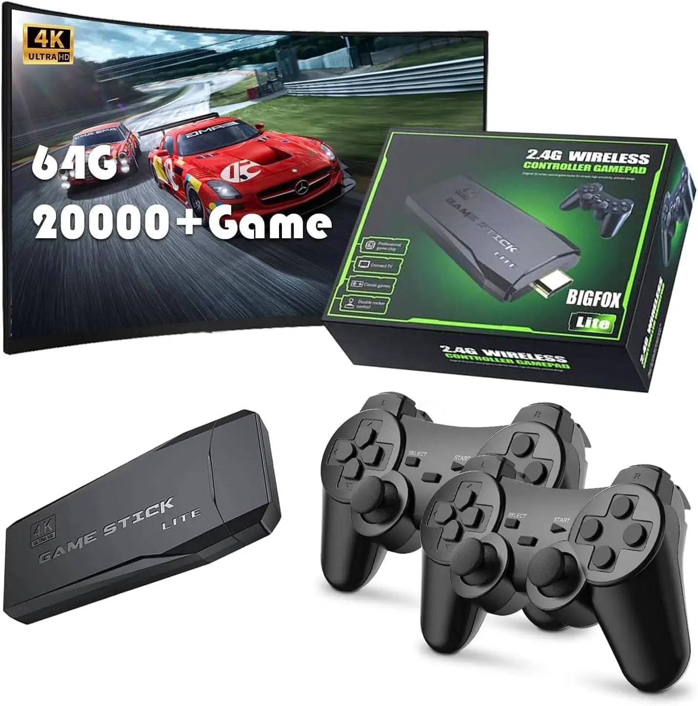 Retro Game Stick - Retro Game Console. Plug and Play. 20,500+ built-in games. Dual 2.4G wireless controllers (64G).